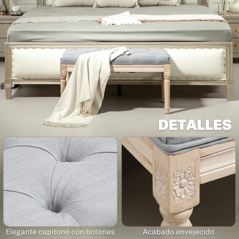 HOMCOM Banco Pie de Cama Tapizado en Lino Sintético con Patas de Madera y Asiento Acolchado Estilo Vintage Gris Claro