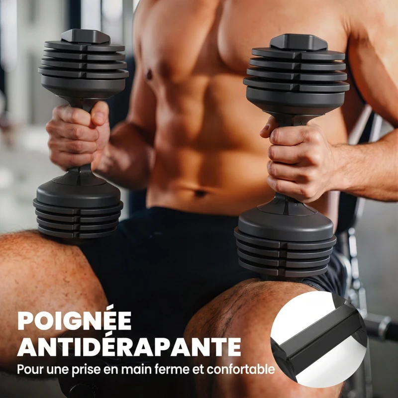SPORTNOW Haltères Réglables Rapide 5 Niveaux, 2 x 11 kg, Verrou de Sécurité, Poignée Antidérapante, Bases de Rangement, Noir