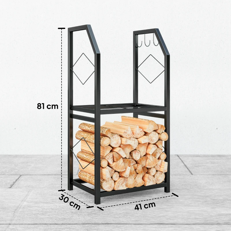 Outsunny Portalegna da Esterno e Interno a 2 Livelli con 3 Ganci Laterali in Acciaio, 41x30x81 cm, Nero