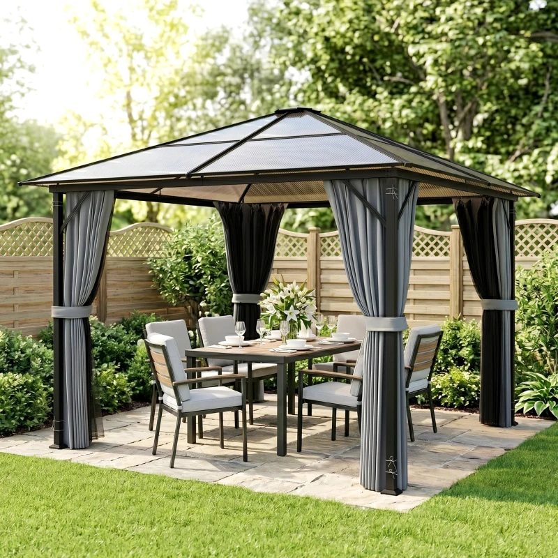 Outsunny Pavilion exterior 3x3 m cu acoperiș rigid, gri închis