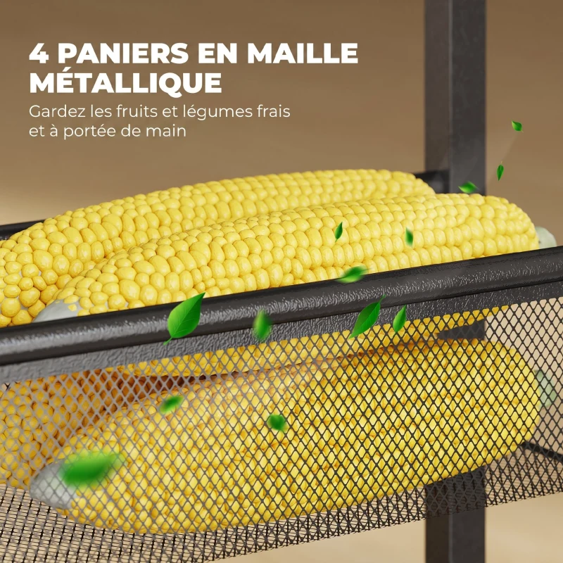HOMCOM Chariot de Rangement en Métal à 5 Niveaux, 4 Paniers en Maille, Poignée, Plateau Effet Bois, 47 x 13 x 96,5 cm, Noir