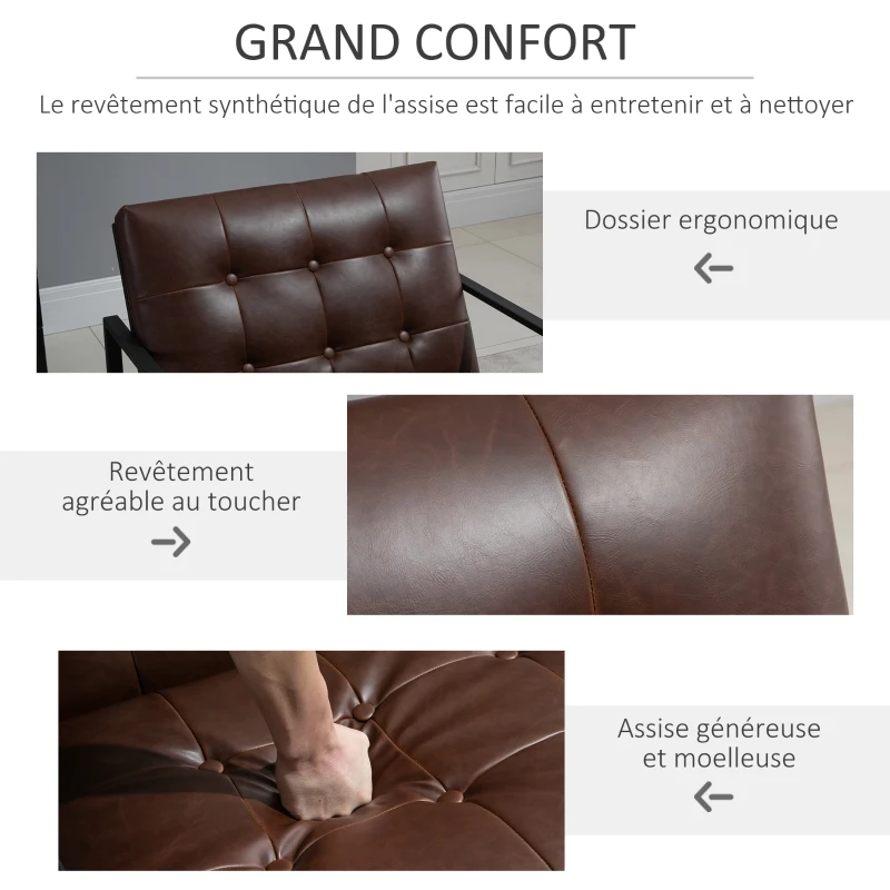 HOMCOM Fauteuil de salon Chesterfield Fauteuil Relax Assise Dossier capitonnés Structure métal Noir revêtement synthétique Chocolat