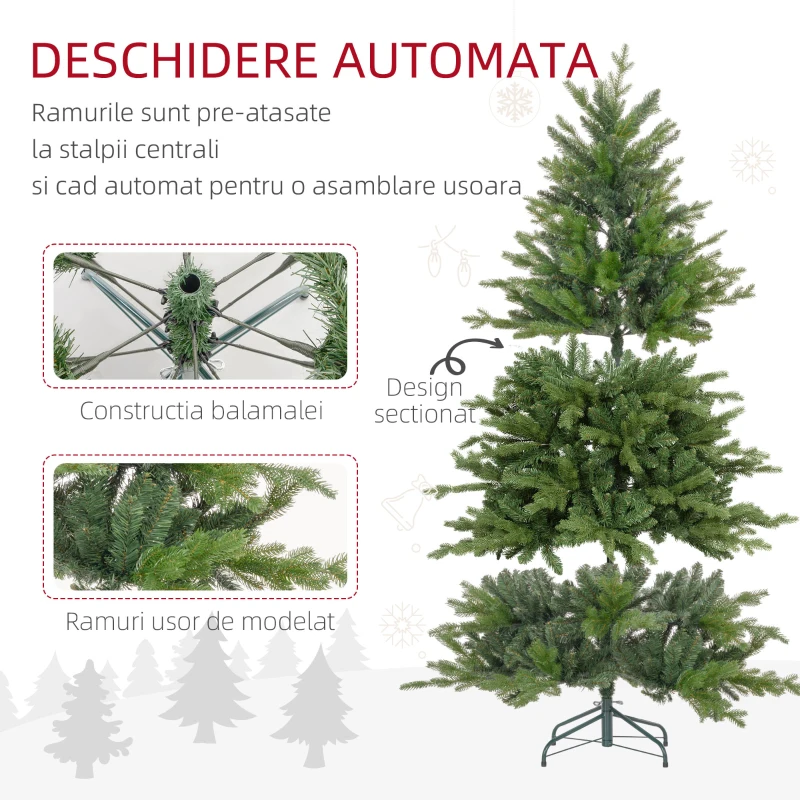HOMCOM Brad de Crăciun 210 cm din plastic verde cu bază din metal și 2445 de crengi ignifuge