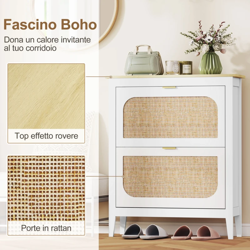 HOMCOM Zapatero Estrecho con 2 Puertas de Ratán Estantes Ajustables para 14 Pares de Zapatos 80x24x95,5 cm Blanco