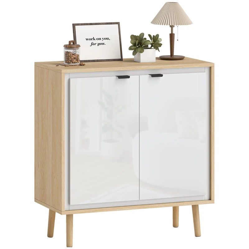 HOMCOM Buffet à haute brillance, meuble de rangement avec double porte, étagère réglable, 72 x 35 x 77 cm, blanc et chêne