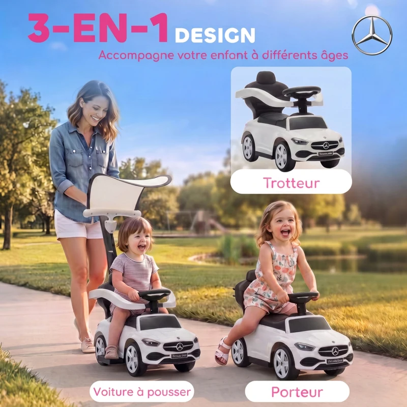 AIYAPLAY Porteur Enfants 3 en 1 Mercedes-Benz sous Licence, Garde-Corps, Espace de Rangement, Klaxon, 83x40x90cm, Blanc
