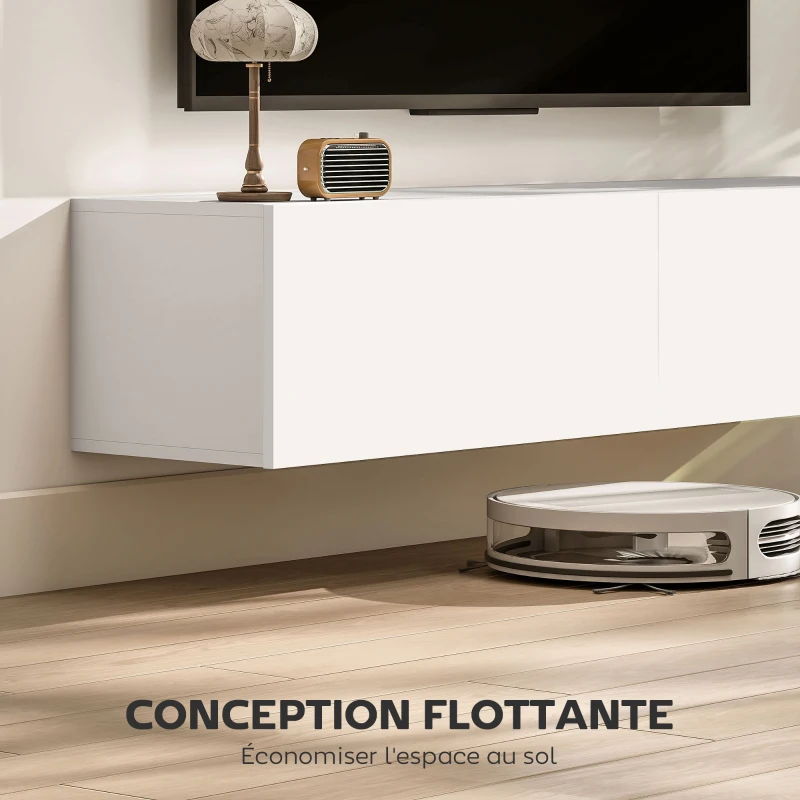 HOMCOM Meuble TV suspendu pour téléviseur jusqu'à 45 55 65 pouces avec 2 placards à portes, 140 x 33 x 29,8 cm, blanc