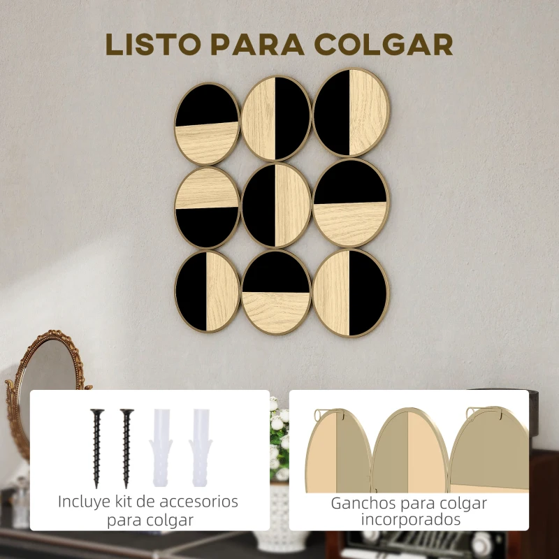 HOMCOM Cuadro Decorativo de Pared Geométrico Adorno Moderno 3D de 60x60 cm con Espejo de Plástico Negro y Madera Natural