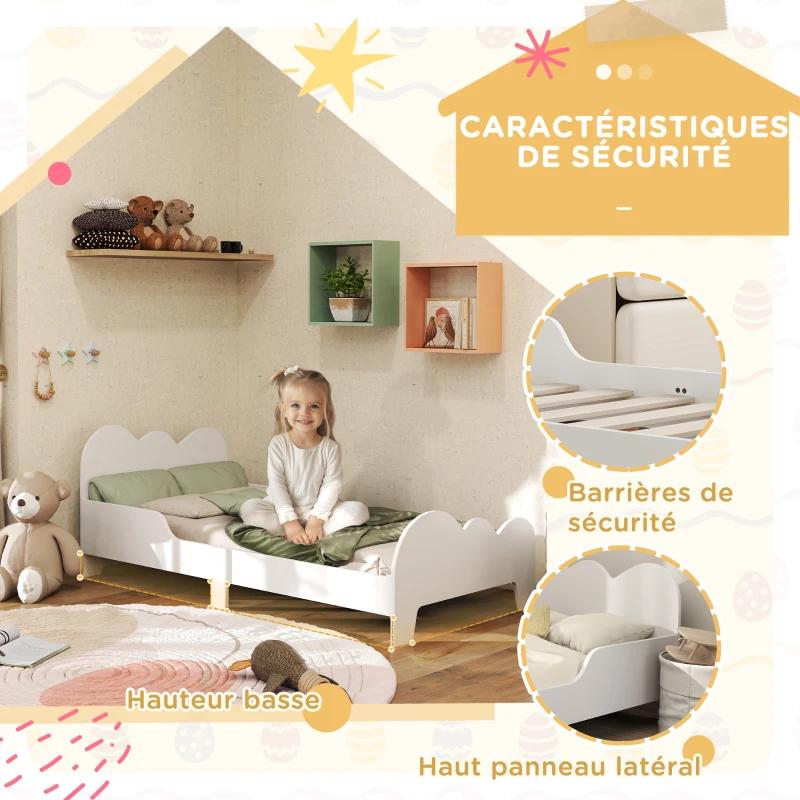 AIYAPLAY Lit enfant lit au sol enfant 70x140 cm avec barrière de sécurité, sommier à lattes inclus et décorations de nuage, blanc