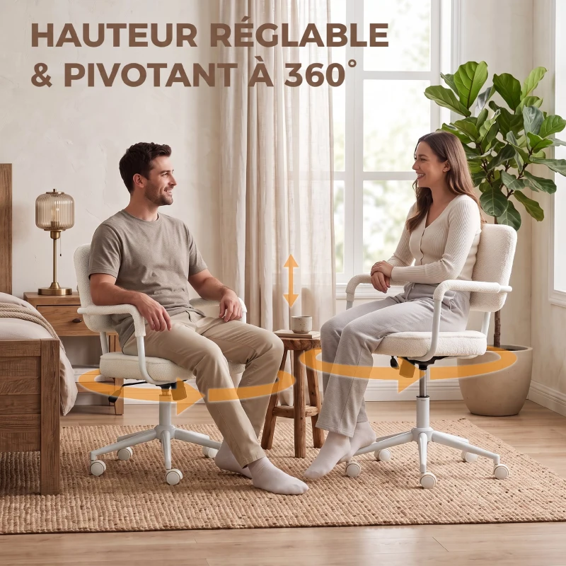 HOMCOM Chaise Bureau Ergonomique, Fauteuil de Bureau en Tissu Bouclette avec Hauteur Réglable, Fonction Bascule, Crème