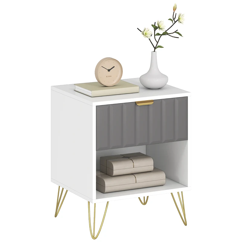 HOMCOM Table de chevet, table d'appoint compartiment ouvert, tiroir et poignée, pieds en acier, 45 x 40 x 55, blanc