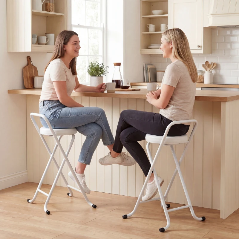 HOMCOM Tabourets de Bar Pliants Lot de 2, sans Assemblage, Chaises de Bar, Assise Rembourré 63H cm, Cadre en Acier, Blanc