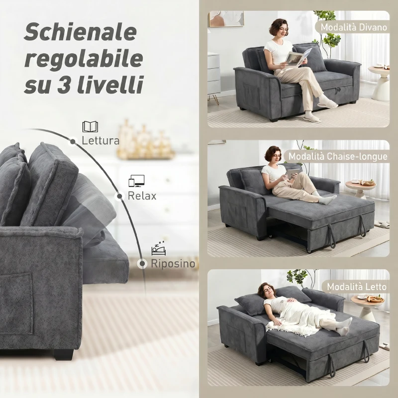 HOMCOM 3 in 1 Divano Letto 2 Posti con Schienale Regolabile in 3 Posizioni e 2 Cuscini, in Ciniglia, Grigio Scuro