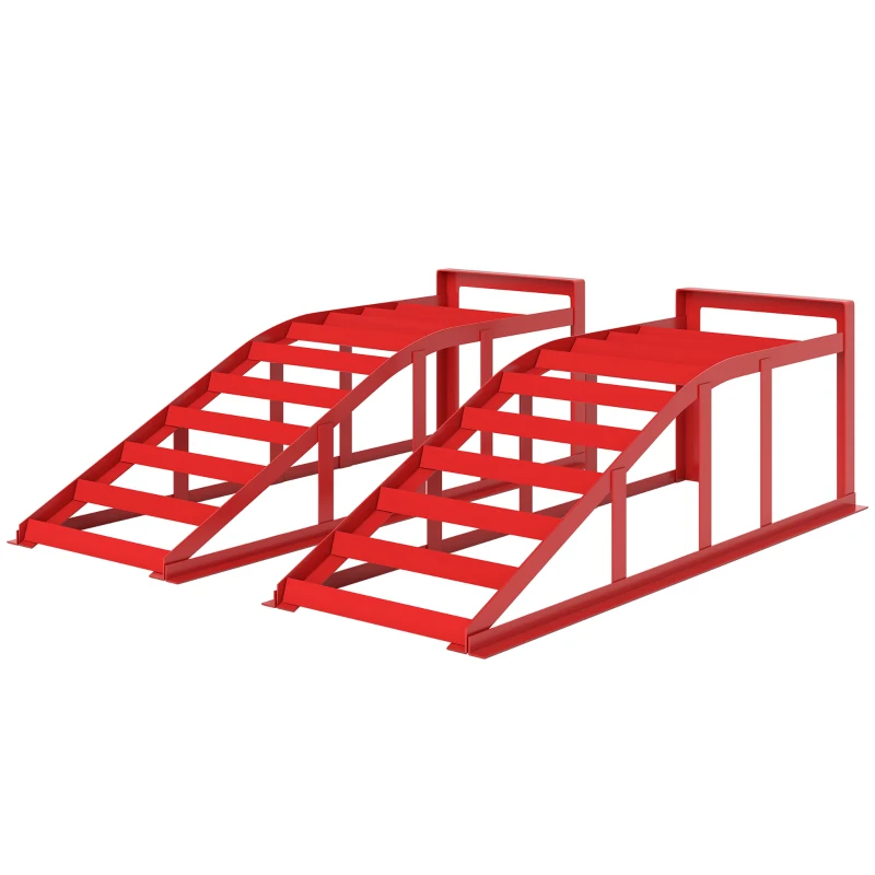 HOMCOM Set di 2 Rampe per Auto in Acciaio, Antiscivolo, per Manutenzione e Riparazione Veicoli, Ideali per Garage, Casa, Officina, Rosso