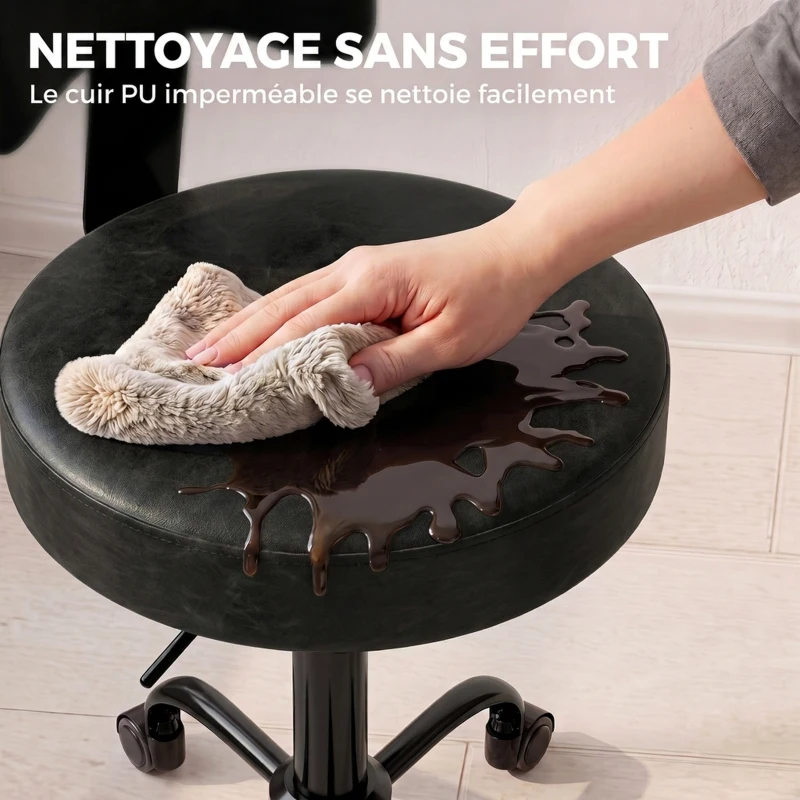 HOMCOM Tabouret à Roulettes, Hauteur Réglable 72-87,5cm, Tabouret de Massage Assise et Dossier Rembourrés, Pivotant 360°, Noir