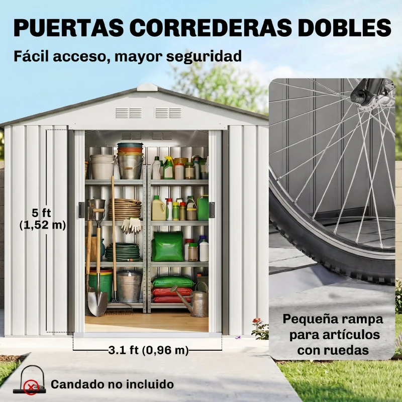 Outsunny Caseta de Jardín 213x130x185 cm Cobertizo Metálico de Exterior para Almacenamiento de Herramientas Blanco
