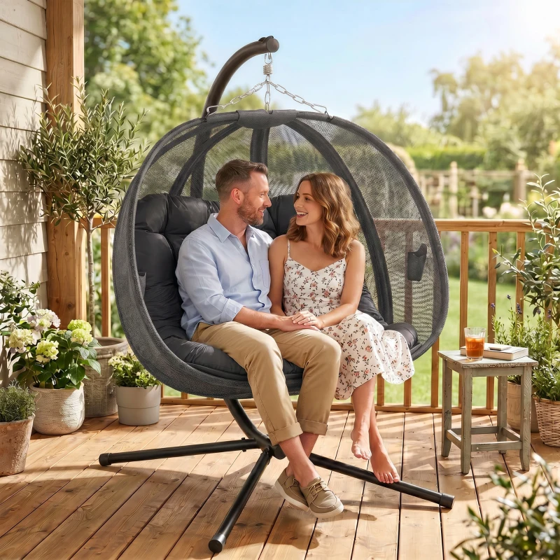 Outsunny Double Hanging Egg Chair 2 Seaters Texteline Swing Hammock Chair with Stand, Cushion and Folding Design, for Indoor and Outdoor, Grey