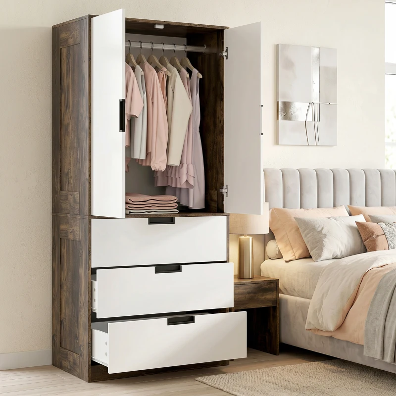 HOMCOM Modern Clothes Storage Cupboard Unit, 3 Drawer 2 Door Wardrobe with Hanging Rod, Rustic Brown