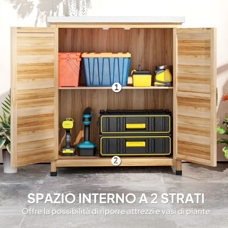 Outsunny Armadio da Esterno con Ripiano Interno e Banco da Lavoro, in Legno e Acciaio Zincato, 79x43x92 cm, color Legno