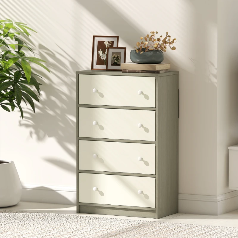 HOMCOM Cassettiera 4 Cassetti Pieghevoli con Maniglie Doppie, in Legno, Acciaio e Tessuto, 58x30x91 cm, Bianco e Grigio