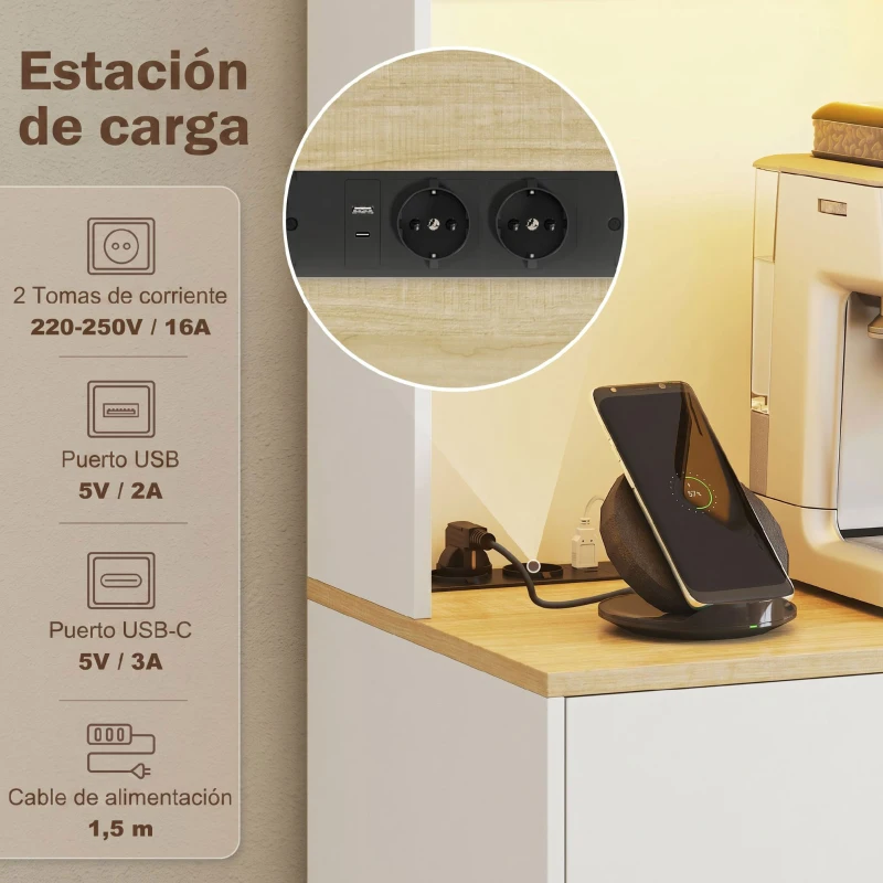 HOMCOM Alacena de Cocina con Luces LED Estación de Carga 4 Puertas Cajón Encimera Abierta 71x40x180 cm Blanco