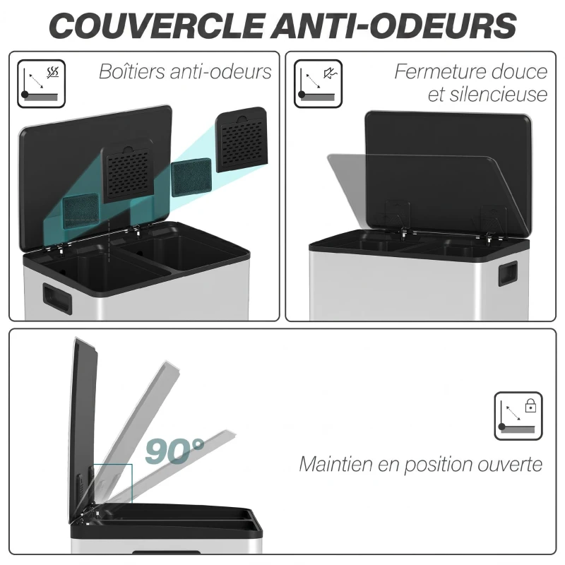 HOMCOM Poubelle de cuisine 2 compartiments de 2 x 25L, acier inoxydable, couvercle à fermeture douce, 47,7x37,5x56cm, argent