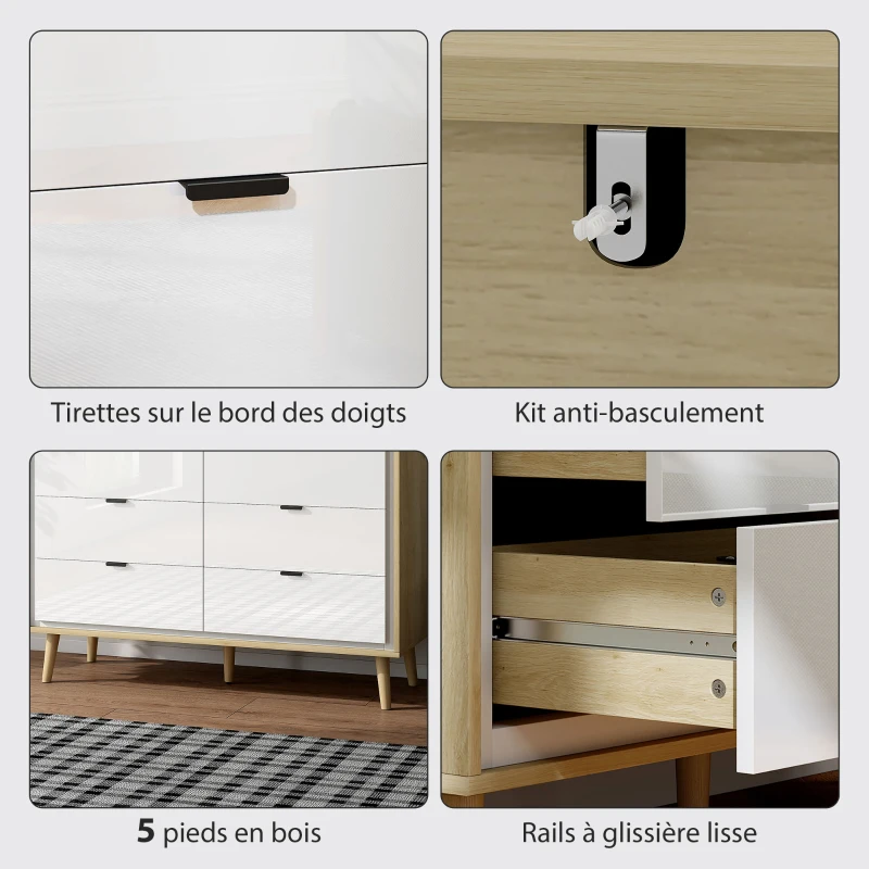 HOMCOM Commode 6 tiroirs, meuble de rangement à haute brillance, 5 pieds en bois, 110 x 40 x 75 cm, blanc et chêne