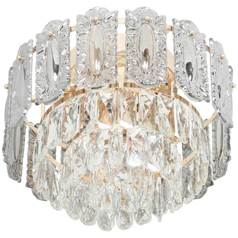 HOMCOM Chandelier Ceiling Light, 3-Light Flush Mount Fixture with Dual Crystal and Smoke Glass Shade, 40 cm LED Ceiling Light for Living Room Bedroom, 3 E14 Sockets, Bulbs Not Included, Gold Tone