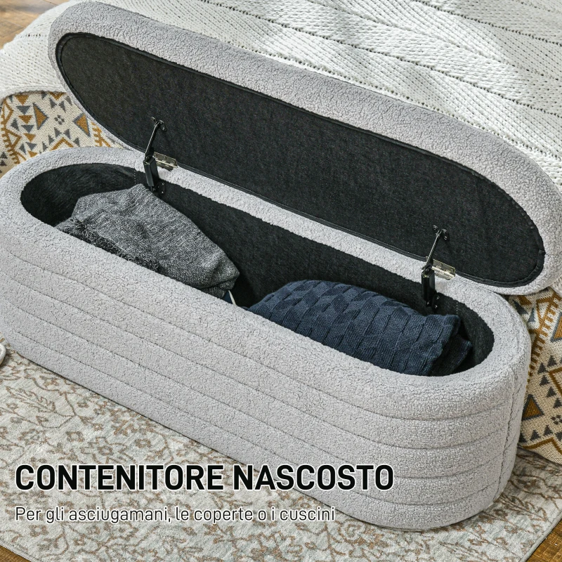 HOMCOM Panca Fondo Letto in Tessuto Teddy con Vano Contenitore, 116x41x40.5cm, Grigio Chiaro