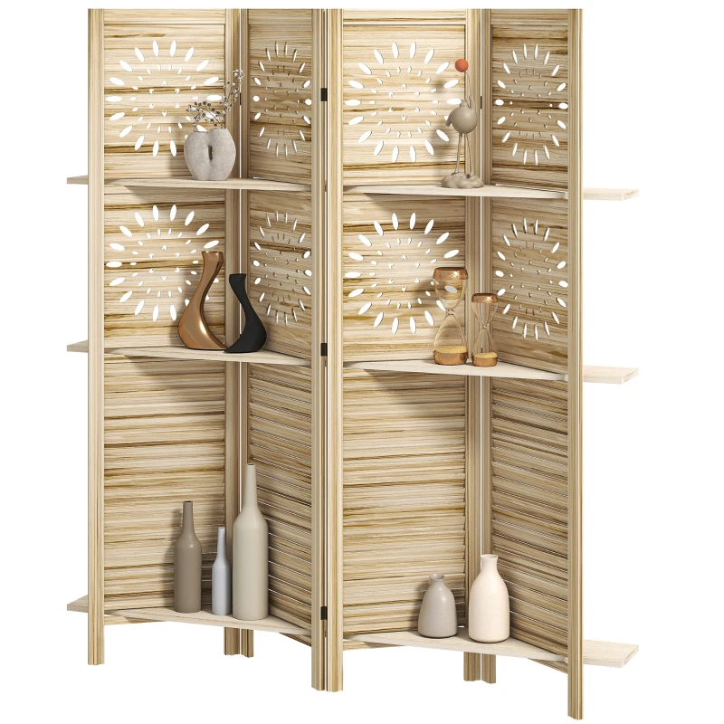 HOMCOM Paravent intérieur 4 panneaux et 3 étagères, 160 x 170 cm, séparateur de pièce pliable, bois de paulownia, bois naturel