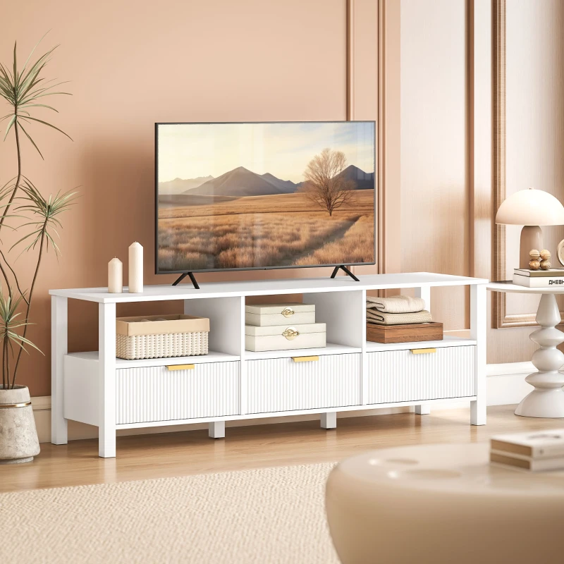 HOMCOM Meuble TV 152 cm, meuble télé pour téléviseur 65 pouces avec 3 tiroirs et 3 étagères ouvertes, 152x39,5x50cm, blanc