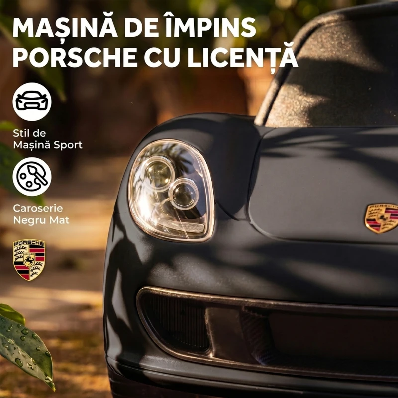 AIYAPLAY Mașinuță de Împins pentru Copii cu Licență Porsche, Claxon, Faruri și Sunet de Pornire, PP, Negru