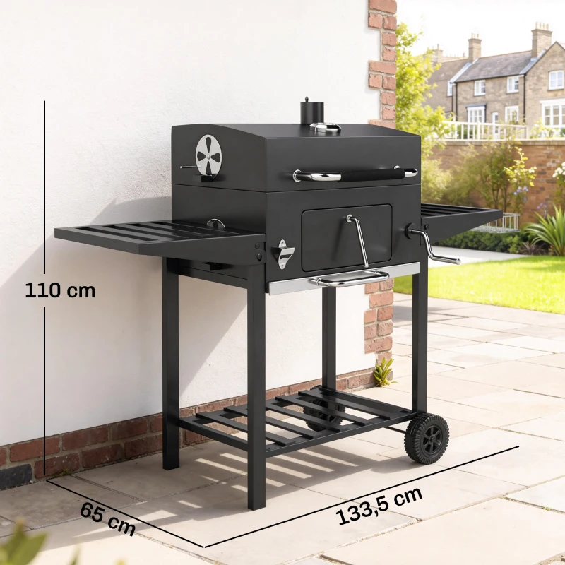 Outsunny Barbacoa de Carbón con Bandeja Ajustable Estantes Plegables Ruedas Termómetro Tapa Chimenea Ventilaciones y Cesta