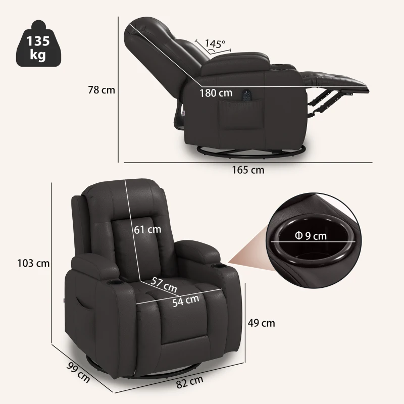 HOMCOM PU Leather Recliner Chair, Recliner Armchair with Extended Footrest, Cup Holders and Side Pockets, Dark Brown