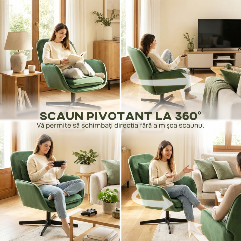 HOMCOM Fotoliu de Salon Rotativ 360° cu Pernă Lombară Detașabilă, Șezut Generos, Fotoliu Tapițat Modern din Catifea cu Cotiere, pentru Living, 73x83.5x85 cm, Verde