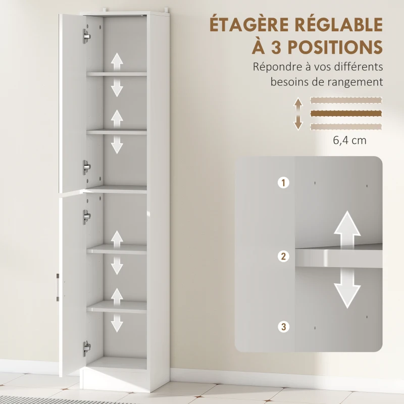 kleankin Meuble colonne salle de bain avec miroir, meuble de rangement à 6 niveaux 2 portes étagères réglables 32x28x162cm blanc