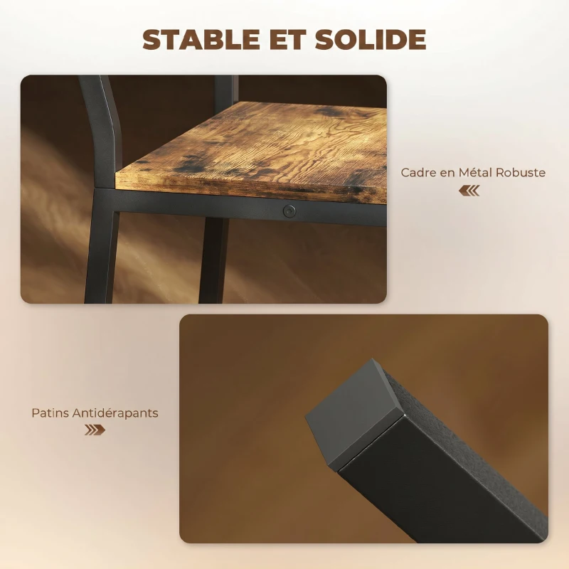 HOMCOM Lot de 2 tabourets de bar, chaises de bar, assise 72,5H cm, dossier et repose-pieds, pieds en métal, brun rustique