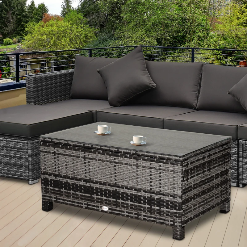 Outsunny Mesa Exterior Terraza de Ratán Sintético Mesa Auxiliar con Vidrio Templado para Terraza Patio Balcón 85x50x39 cm Gris