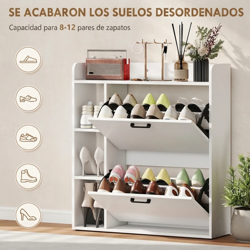 HOMCOM Zapatero Estrecho con 2 Puertas 3 Estantes Laterales y Estantes Ajustables para 15 Pares de Zapatos Blanco