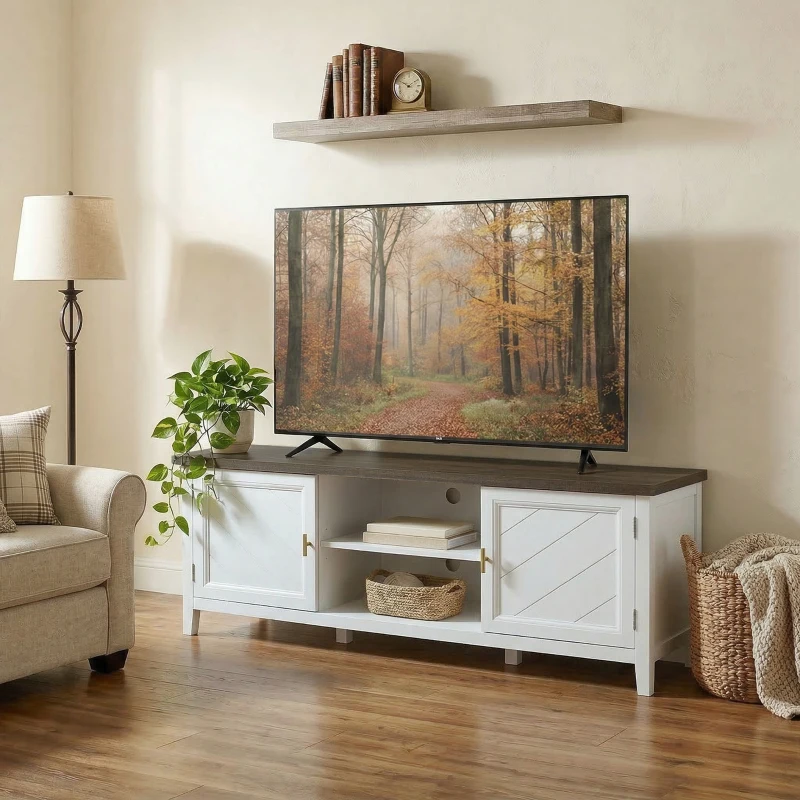 HOMCOM TV Unit for TVs up to 42 Inch, Farmhouse Entertainment Centre with 2 Open Shelves, 2 Cabinets and Thick Top