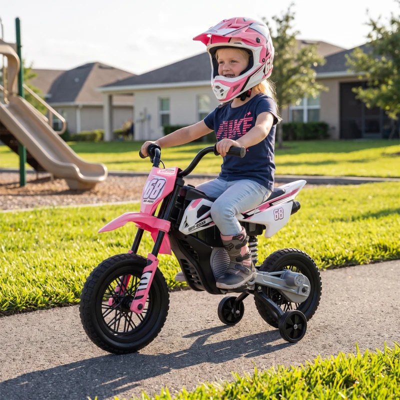 AIYAPLAY Kids Electric Motorcycle, 12V Ride On Motorbike with Training Wheels, Soft Start, Suspension, Music for 3–6 Years, Pink