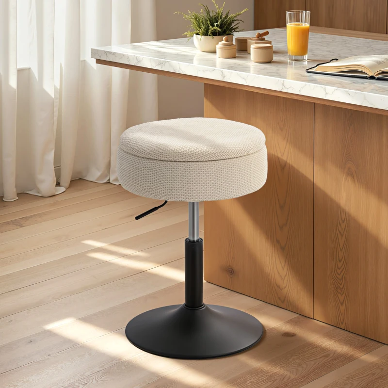 HOMCOM Taburete de Bar con Almacenaje Altura Ajustable Taburete de Cocina Redondo Giratorio Tapizado en Chenilla Beige