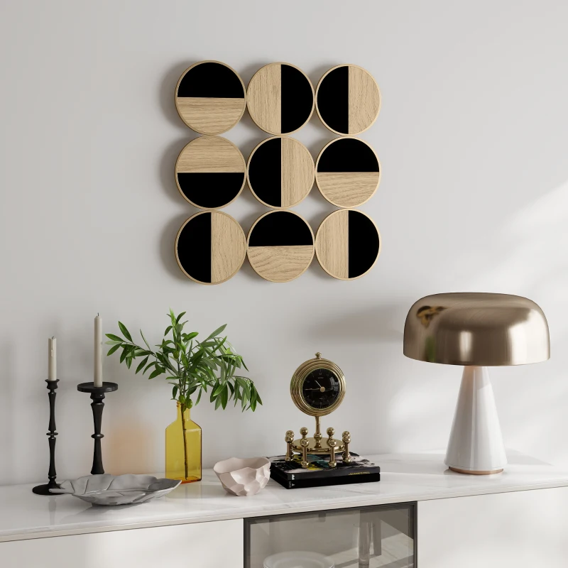 HOMCOM Cuadro Decorativo de Pared Geométrico Adorno Moderno 3D de 60x60 cm con Espejo de Plástico Negro y Madera Natural