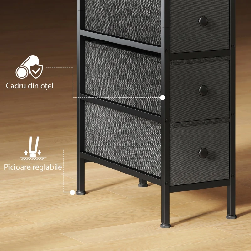 HOMCOM Comodă din Material Textil Slim, Economisire Spațiu, cu 4 Sertare, Cadru Metalic, Negru