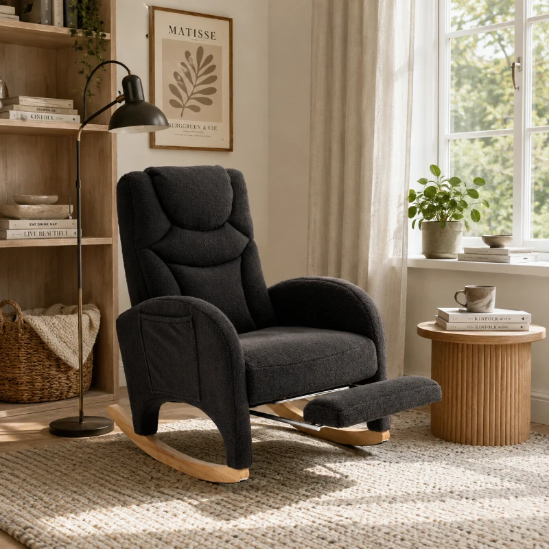 Schommelstoel relaxfauteuil, ergonomische hoofdsteun en inklapbare voetensteun, 66x125x101 cm, Donkergrijs