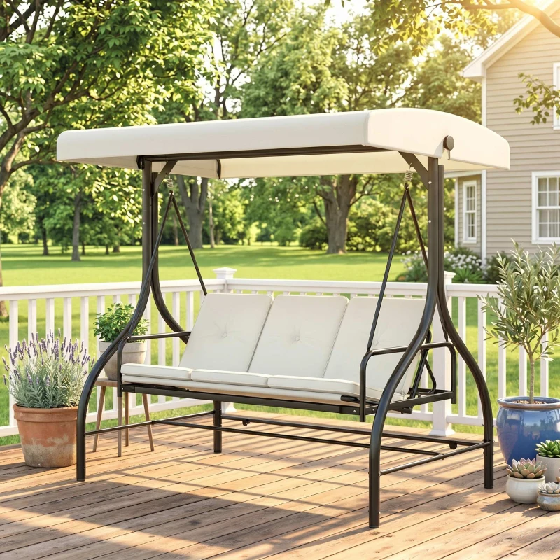 Outsunny 3 Seater Garden Swing Chair, 2 in 1 Convertible Patio Swing Seat Bed with Adjustable Canopy, Cushions and Metal Frame, Outdoor Hammock Bench Chair for Balcony, Terrace, Cream White