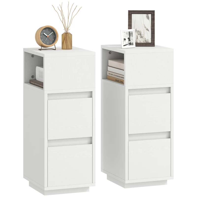 HOMCOM Set de 2 noptiere cu 2 sertare și raft deschis, moderne și compacte, 25x30x65 cm, alb