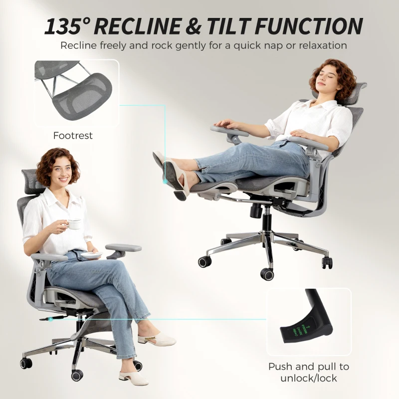 HOMCOM Ergonomic Office Chair, High Back Mesh Desk Chair, Grey