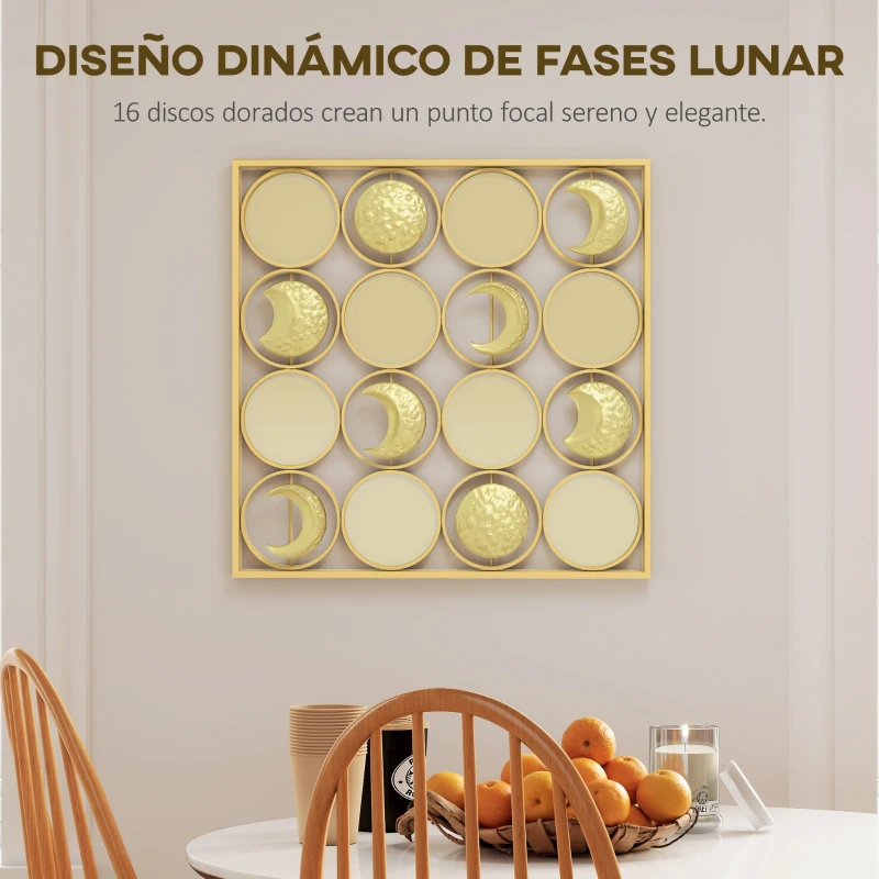 HOMCOM Decoración de Metal para Pared de Fases Lunares Multidireccional con 16 Discos Dorado