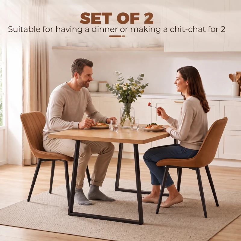 HOMCOM Faux Leather Upholstered Kitchen Chairs, Modern Dining Chairs Set of 2 with Metal Legs for Dining Room, Brown